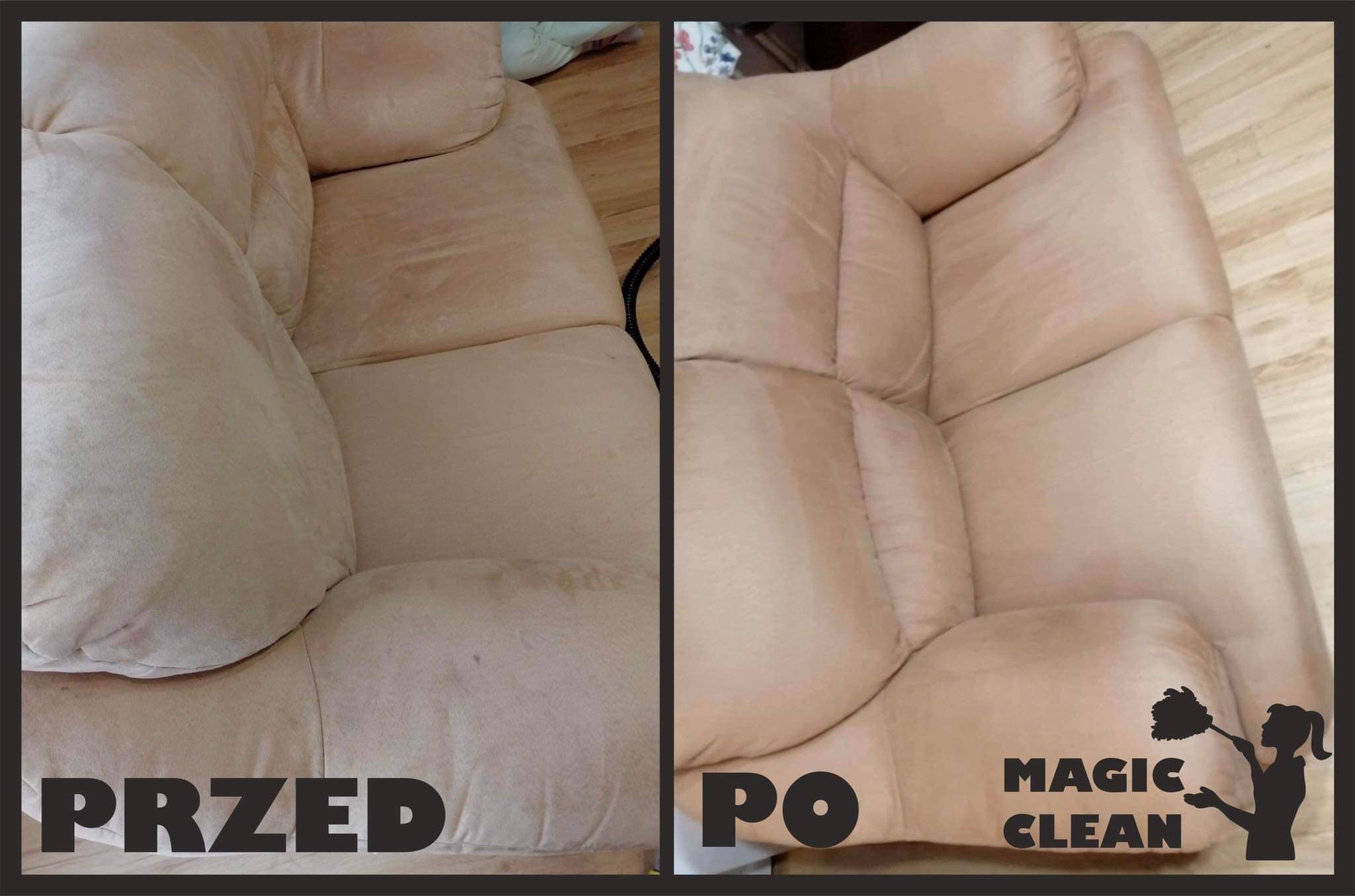 Beżowa kanapa przed i po praniu, widoczne plamy i odbarwienia po lewej stronie, czysta tapicerka po prawej, logo firmy Magic Clean w prawym dolnym rogu.