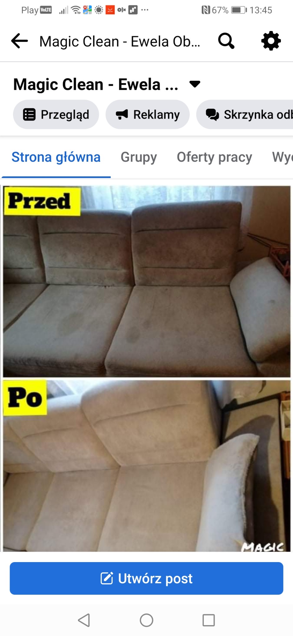 Porównanie stanu kanapy przed i po czyszczeniu, widoczne wyraźne plamy na tapicerce przed zabiegiem, a po czyszczeniu jednolity, jasny odcień beżu.