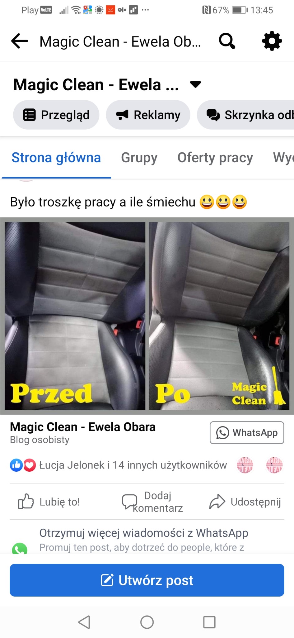 Tapicerka fotela samochodowego w dwóch ujęciach: po lewej stronie zabrudzona, po prawej wyczyszczona, z napisem 'Przed' i 'Po' oraz logo 'Magic Clean'.