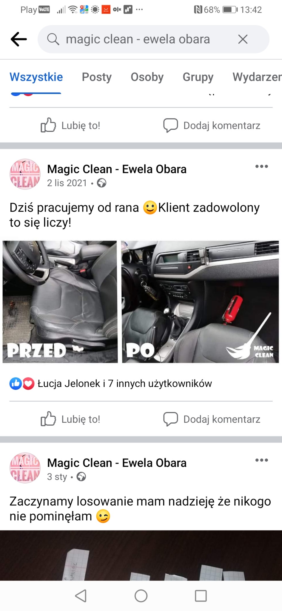 Wnętrze samochodu z czarną skórzaną tapicerką, widok 'przed' i 'po' czyszczeniu, prezentowany na zrzucie ekranu z Facebooka firmy Magic Clean - Ewela Obara.