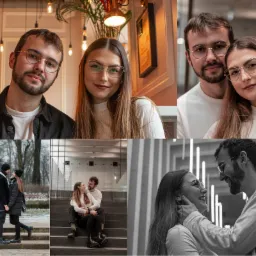 Kolaż zdjęć: uśmiechnięta para w okularach w kawiarni, w zimowym parku i na schodach w nowoczesnym wnętrzu.