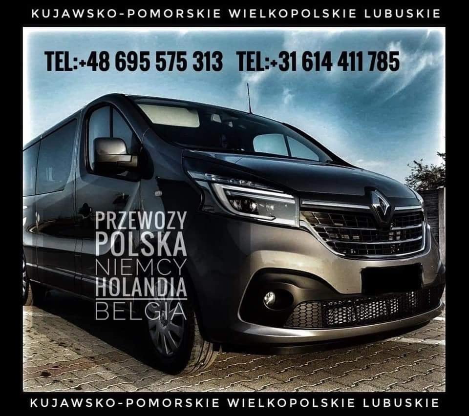 Nowoczesny, ciemnoszary bus Renault Trafic z napisem 'Przewozy Polska Niemcy Holandia Belgia' na boku, otoczony ramką z nazwami województw i numerami telefonów kontaktowych.