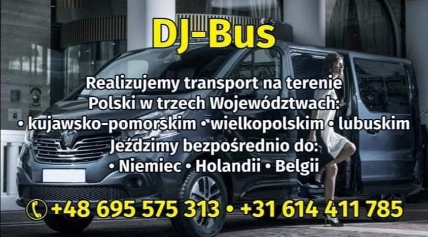 Szary bus marki Renault z napisem 'DJ-Bus' i informacją o transporcie na terenie Polski i do Niemiec, Holandii i Belgii, obok busa stoi kobieta na tle budynku.