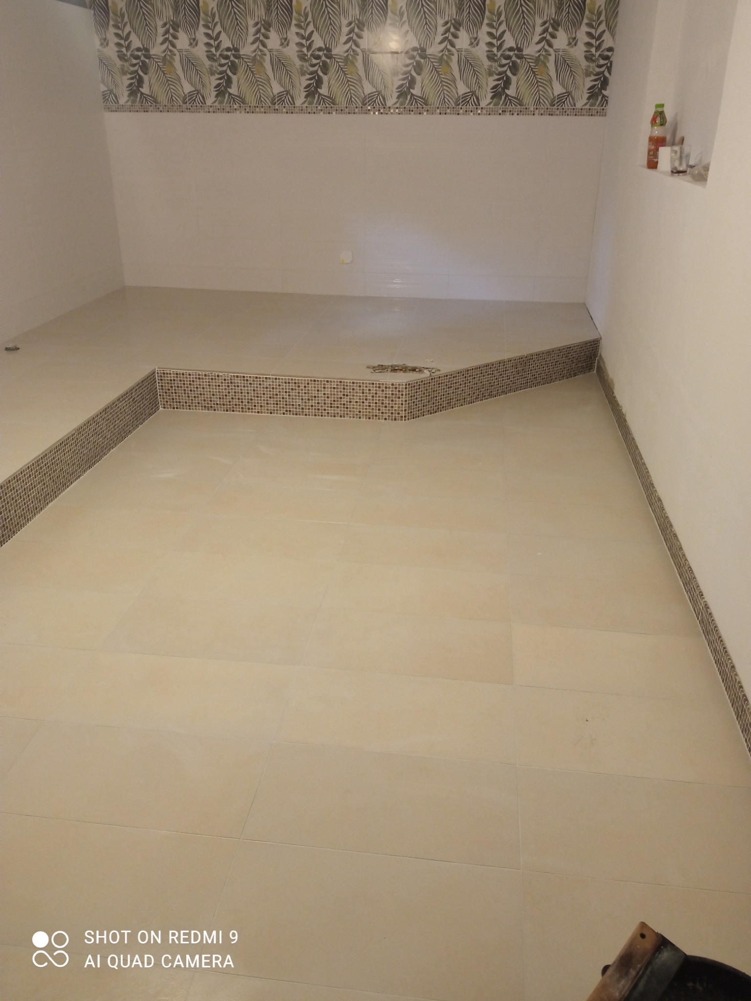 Wykończona łazienka z beżowymi płytkami podłogowymi i mozaiką na krawędziach podwyższenia, dekoracyjny pas z motywem liści na górze ściany.