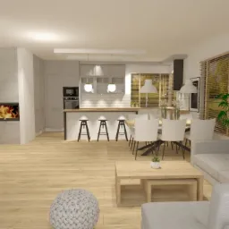 Wizualizacja przestronnego wnętrza: salon z kuchnią i jadalnią w jasnych barwach, z drewnianą podłogą, szarą sofą, kominkiem i nowoczesnym oświetleniem.