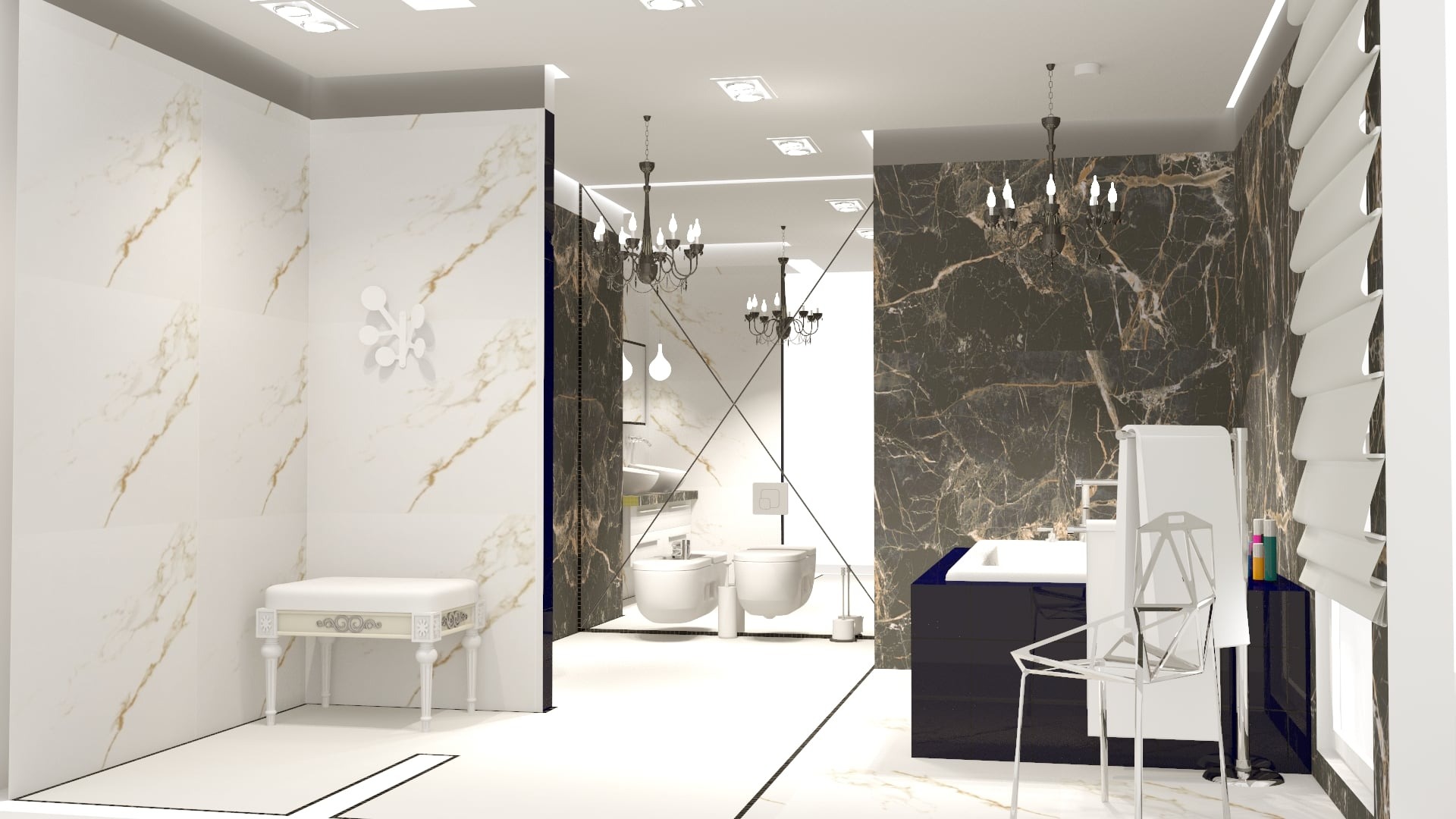 Wizualizacja łazienki z marmurowymi płytkami, toaletą, bidetem i umywalką w kolorze granatowym, oświetlona ozdobnymi żyrandolami.