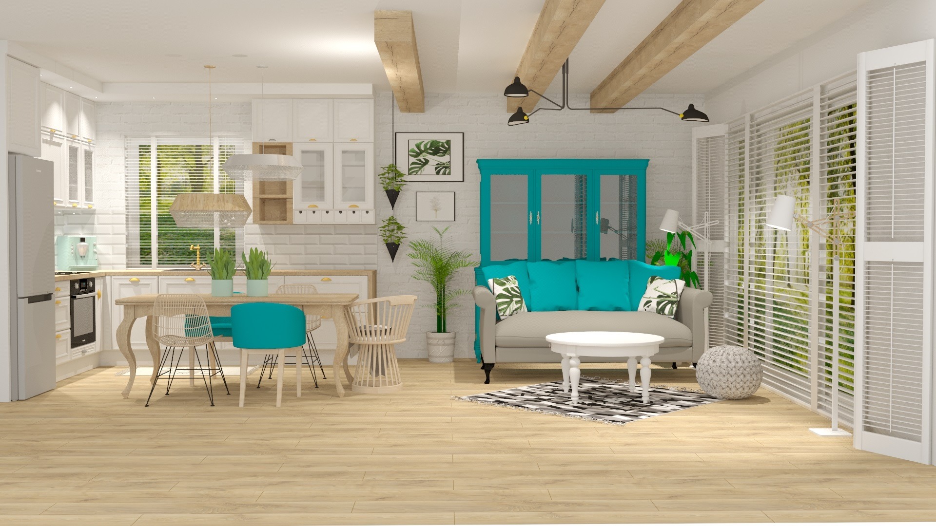 Jasna kuchnia z jadalnią płynnie przechodząca w część wypoczynkową z turkusowymi akcentami, drewniane belki na suficie i białe meble.