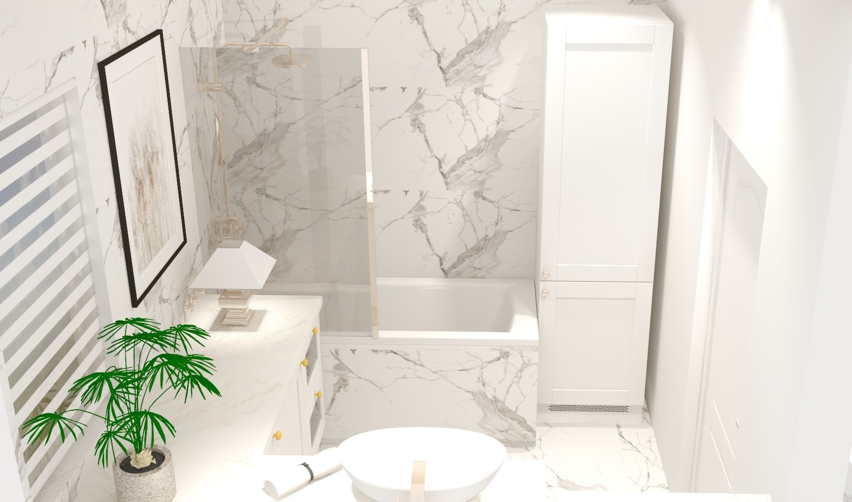 Wizualizacja jasnej łazienki z marmurowymi płytkami, białą armaturą, szafką z lampką, rośliną doniczkową i wysoką szafą.