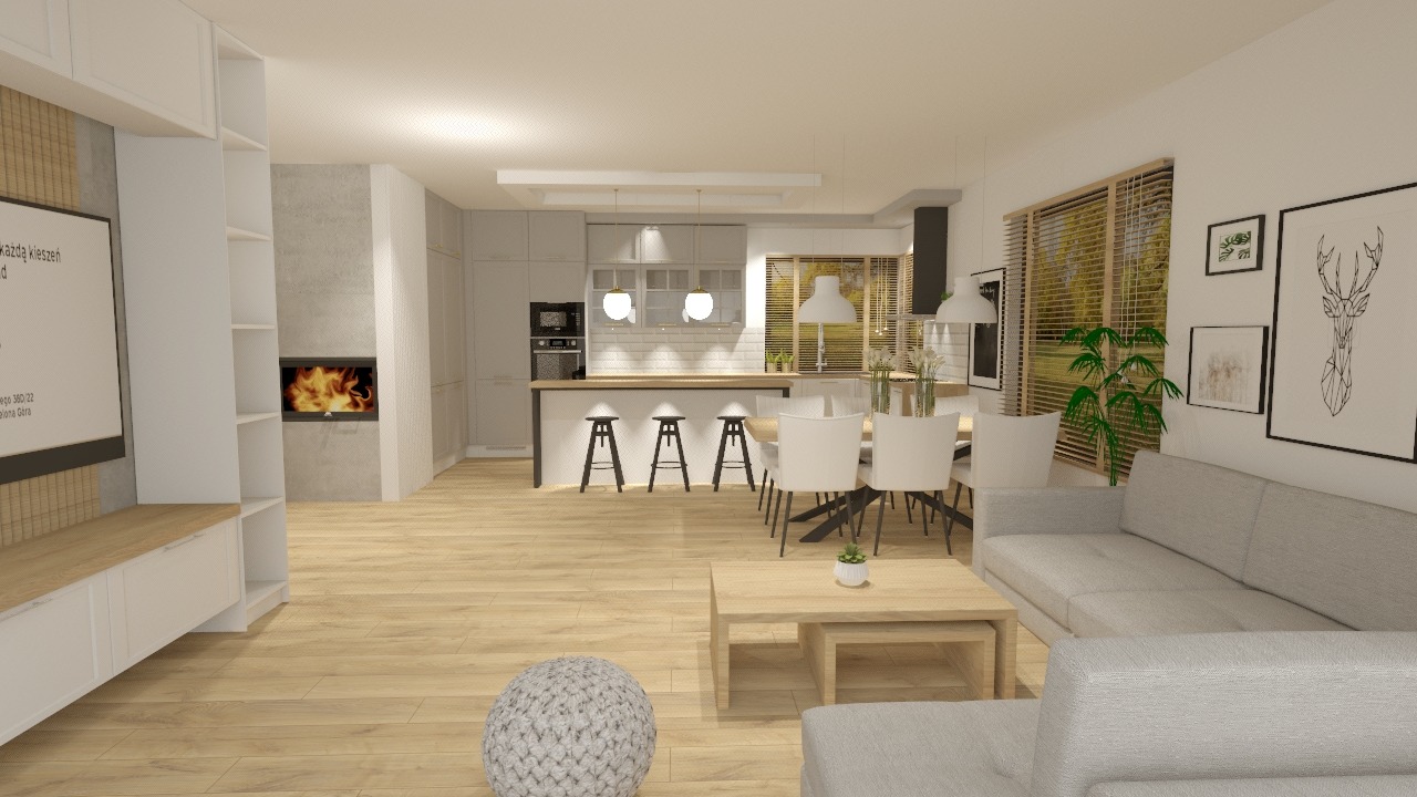 Wizualizacja przestronnego wnętrza: salon z kuchnią i jadalnią w jasnych barwach, z drewnianą podłogą, szarą sofą, kominkiem i nowoczesnym oświetleniem.