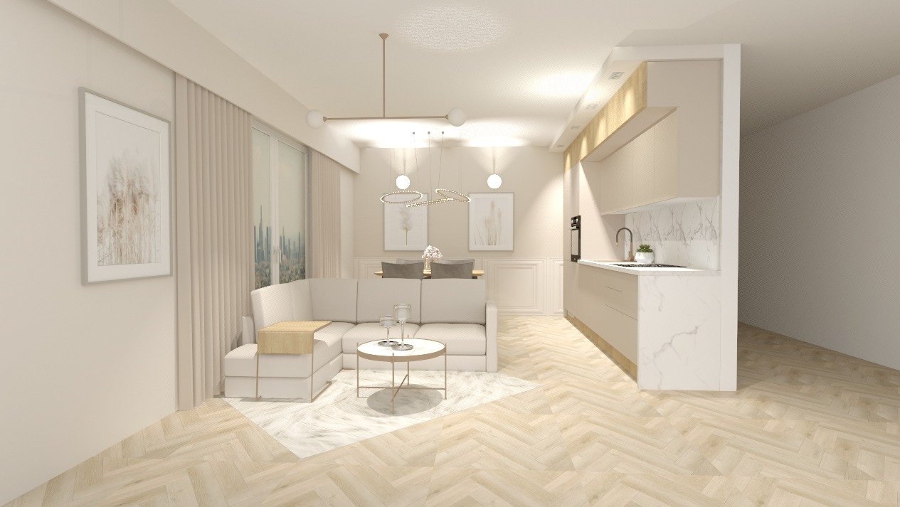 Wizualizacja jasnego salonu z aneksem kuchennym, neutralna kolorystyka, parkiet w jodełkę, sofa narożna z drewnianym stolikiem bocznym, okrągły stolik kawowy, marmurowy blat kuchenny...
