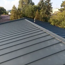 Nowoczesny, szary dach z blachy na tle zieleni drzew i zabudowań.