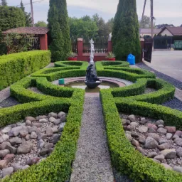Ogród z symetrycznie przyciętymi żywopłotami, fontanną z rzeźbą i ścieżką z kamieni, otoczony drzewami i budynkami mieszkalnymi.