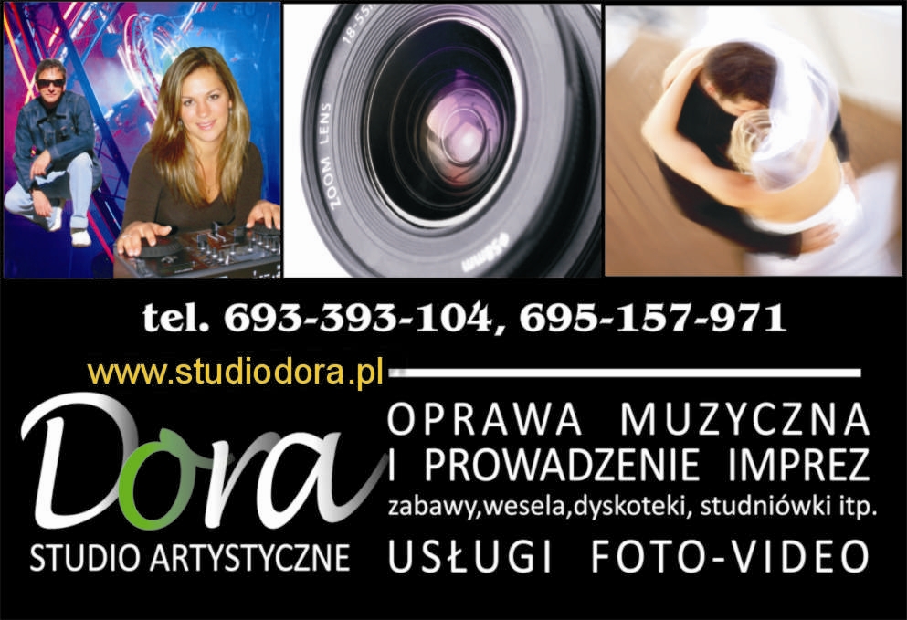 Kolaż reklamowy: DJ z mikserem na tle grafiki, obiektyw aparatu, para młoda w objęciach, dane kontaktowe i logo Studiodora.pl z ofertą oprawy muzycznej imprez.