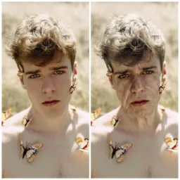 Mężczyzna przed i po cyfrowej progresji wiekowej, z motylami na ciele i twarzy, ukazujący zmiany w wyglądzie skóry, włosów i rysów twarzy.