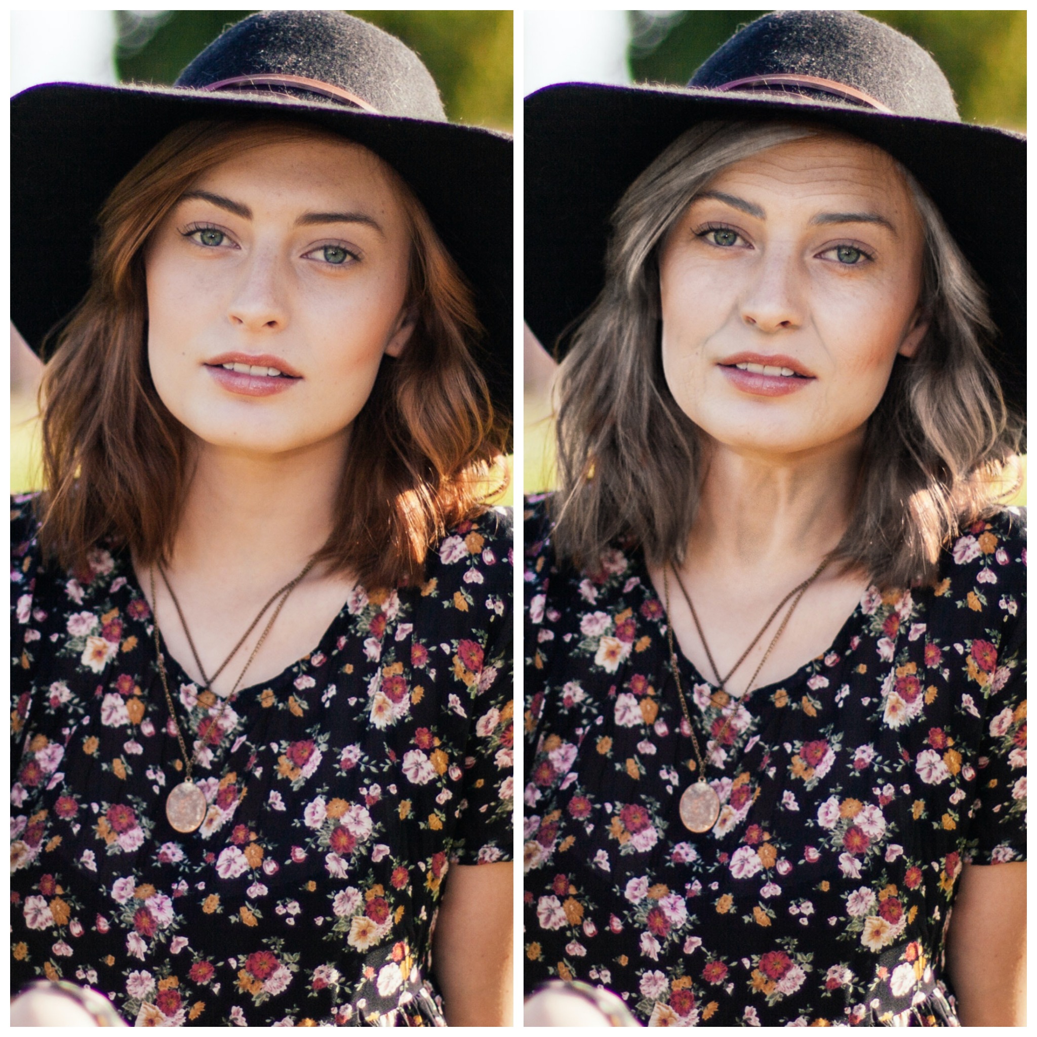 Portret kobiety w kapeluszu i kwiecistej sukience, obok wersja z efektem postarzania twarzy, ukazująca potencjalne zmiany wyglądu.