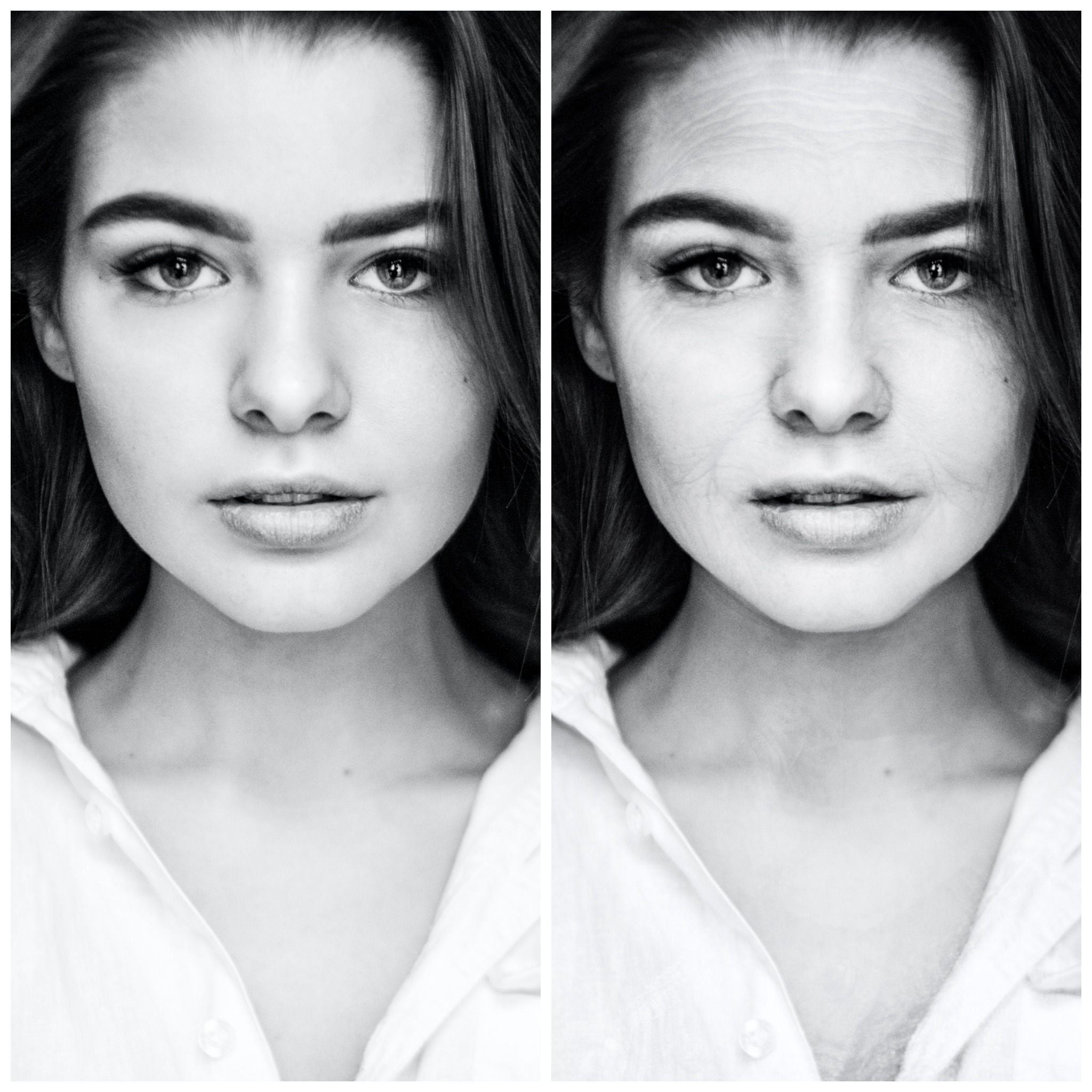 Czarno-białe zdjęcie przedstawia porównanie twarzy młodej kobiety przed i po retuszu w programie graficznym w Opolu, ukazującym proces starzenia się skóry.