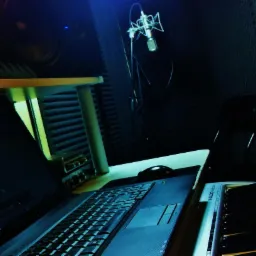 Wnętrze domowego studia nagrań z mikrofonem, laptopem i klawiaturą MIDI. Ściany wyłożone panelami akustycznymi. Nastrojowe oświetlenie.