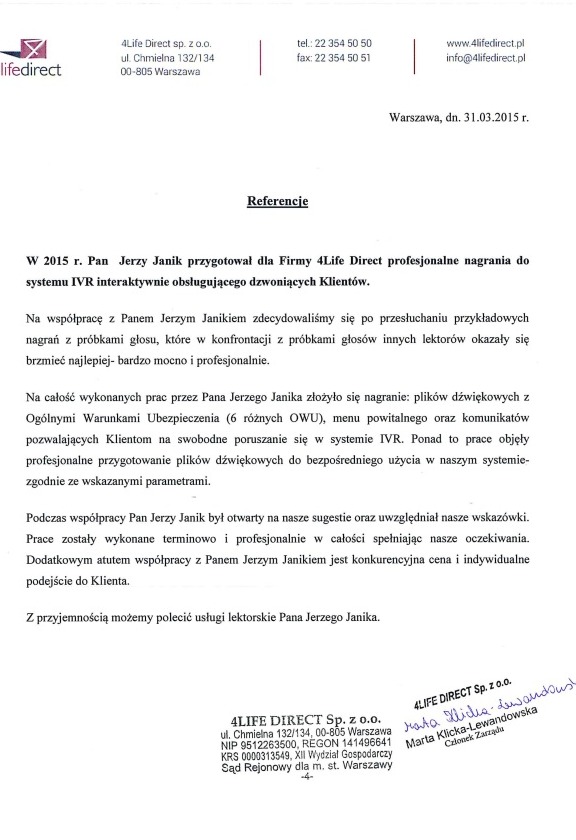 Skan referencji dla usług lektorskich Jerzego Janika od 4Life Direct, potwierdzający profesjonalne nagrania IVR i konkurencyjne ceny. Dokument z 2015 roku.