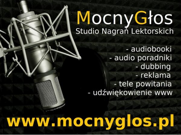 Mikrofon studyjny na tle akustycznym, logo studia nagrań lektorskich z ofertą audiobooków, dubbingu i reklam. Adres strony www na dole zdjęcia.