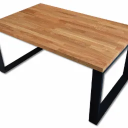 Stół z blatem z klejonego drewna dębowego i czarnymi, metalowymi nogami w kształcie trapezu, widok z góry pod kątem.