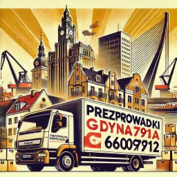 Stylizowana grafika ciężar&oacute;wki z napisem 'Przeprowadzki Gdynia' na tle panoramy Gdyni z elementami portowymi i architektonicznymi.