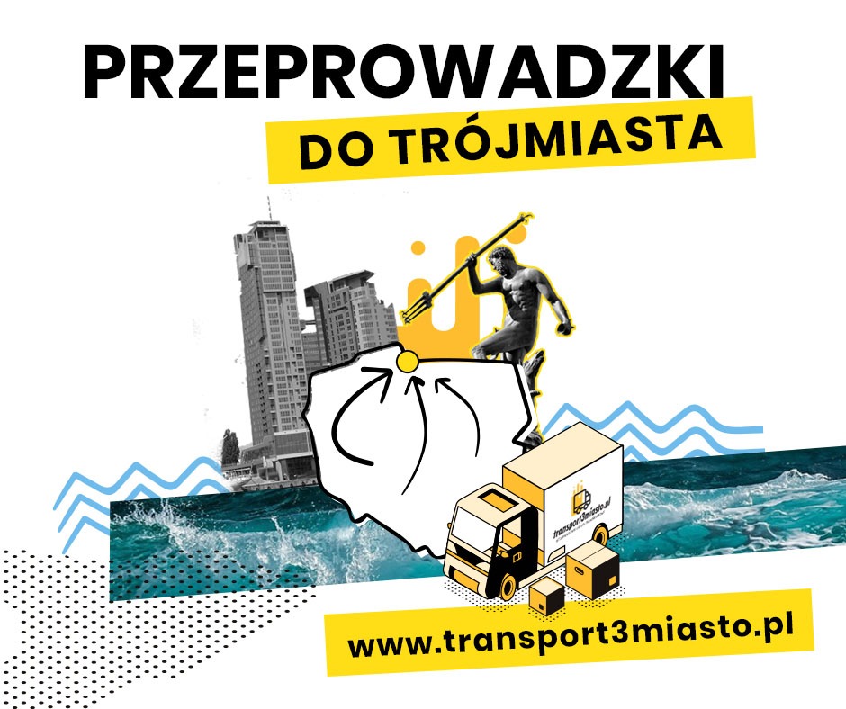 Grafika reklamowa przeprowadzki do Trójmiasta: sylwetka Neptuna z trójzębem, zarys mapy Polski z zaznaczonym Trójmiastem, budynki w Gdyni, stylizowany transport busem z logo transport3miasto.pl...