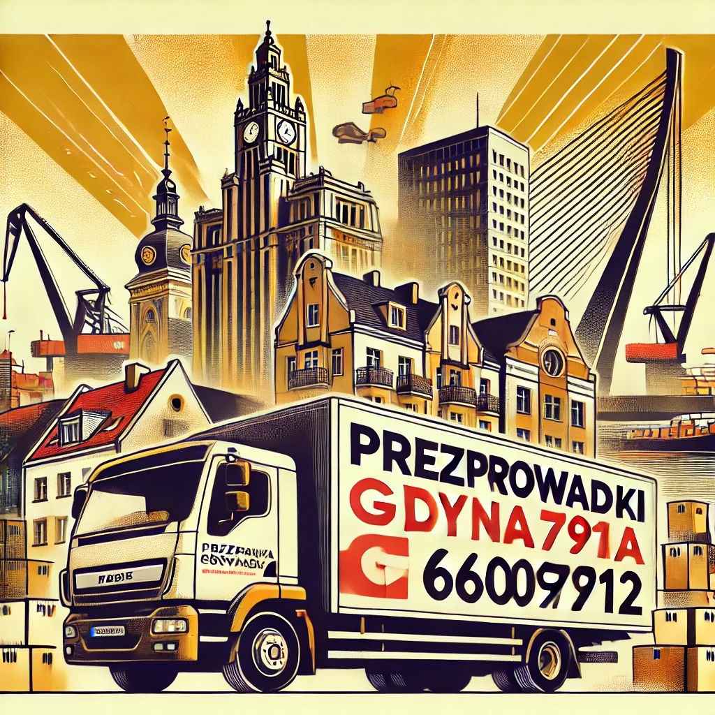 Stylizowana grafika ciężarówki z napisem 'Przeprowadzki Gdynia' na tle panoramy Gdyni z elementami portowymi i architektonicznymi.