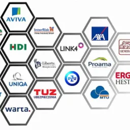 Zestawienie logotypów różnych firm ubezpieczeniowych w heksagonalnych ramkach, tworzących abstrakcyjną kompozycję na białym tle.
