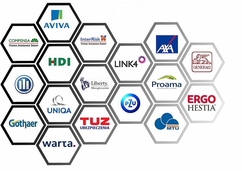 Zestawienie logotypów różnych firm ubezpieczeniowych w heksagonalnych ramkach, tworzących abstrakcyjną kompozycję na białym tle.