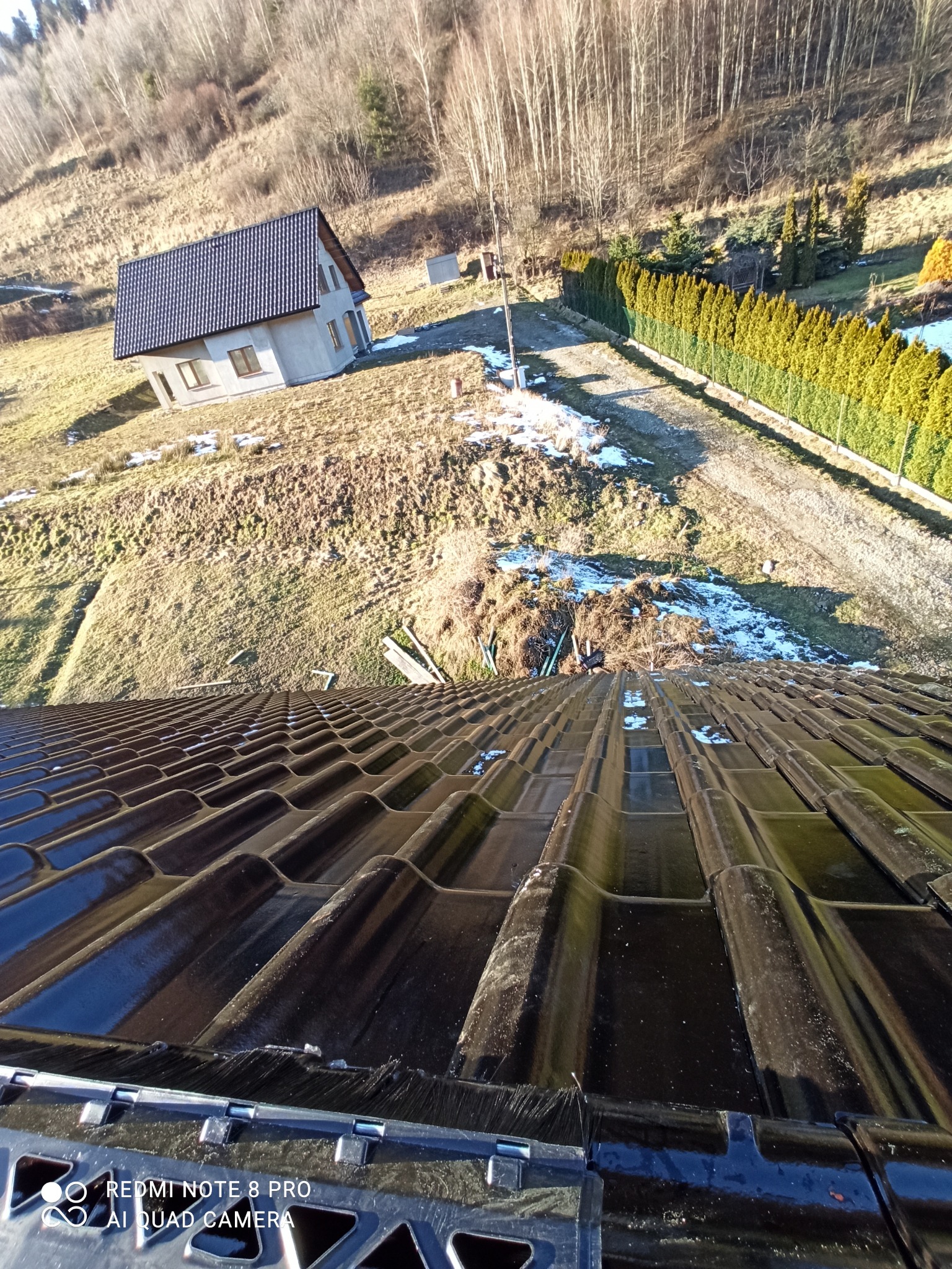 Nowe czarne dachówki ceramiczne na dachu z widokiem na krajobraz z domem i rzędem tuj w oddali, fotografowane z góry.