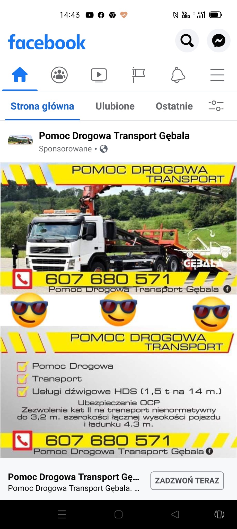 Reklama na Facebooku firmy 'Pomoc Drogowa Transport Gębala' z lawetą z dźwigiem, numerem telefonu i hasłami reklamowymi.