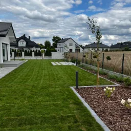 Starannie utrzymany trawnik z regularnymi pasami koszenia, obrzeża z kostki brukowej, rabata z korą i młodymi drzewkami podpartymi palikami, w tle zabudowa jednorodzinna i pochmurne niebo.