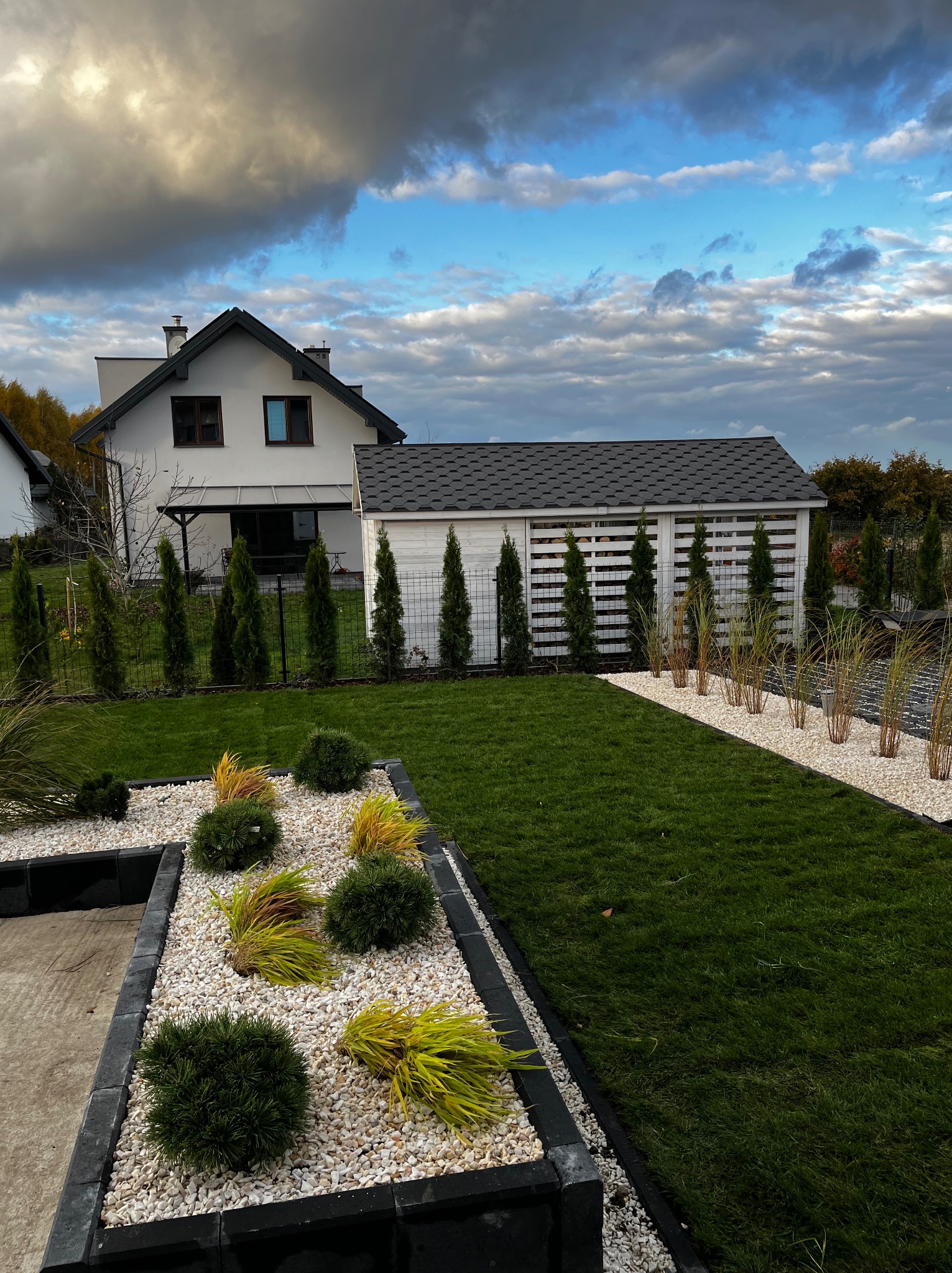 Nowoczesny ogród z równo przystrzyżonym trawnikiem, ozdobnymi rabatami wysypanymi białym kamieniem, niskimi krzewami i strzyżonymi tujami wzdłuż ogrodzenia oraz budynku gospodarczego.