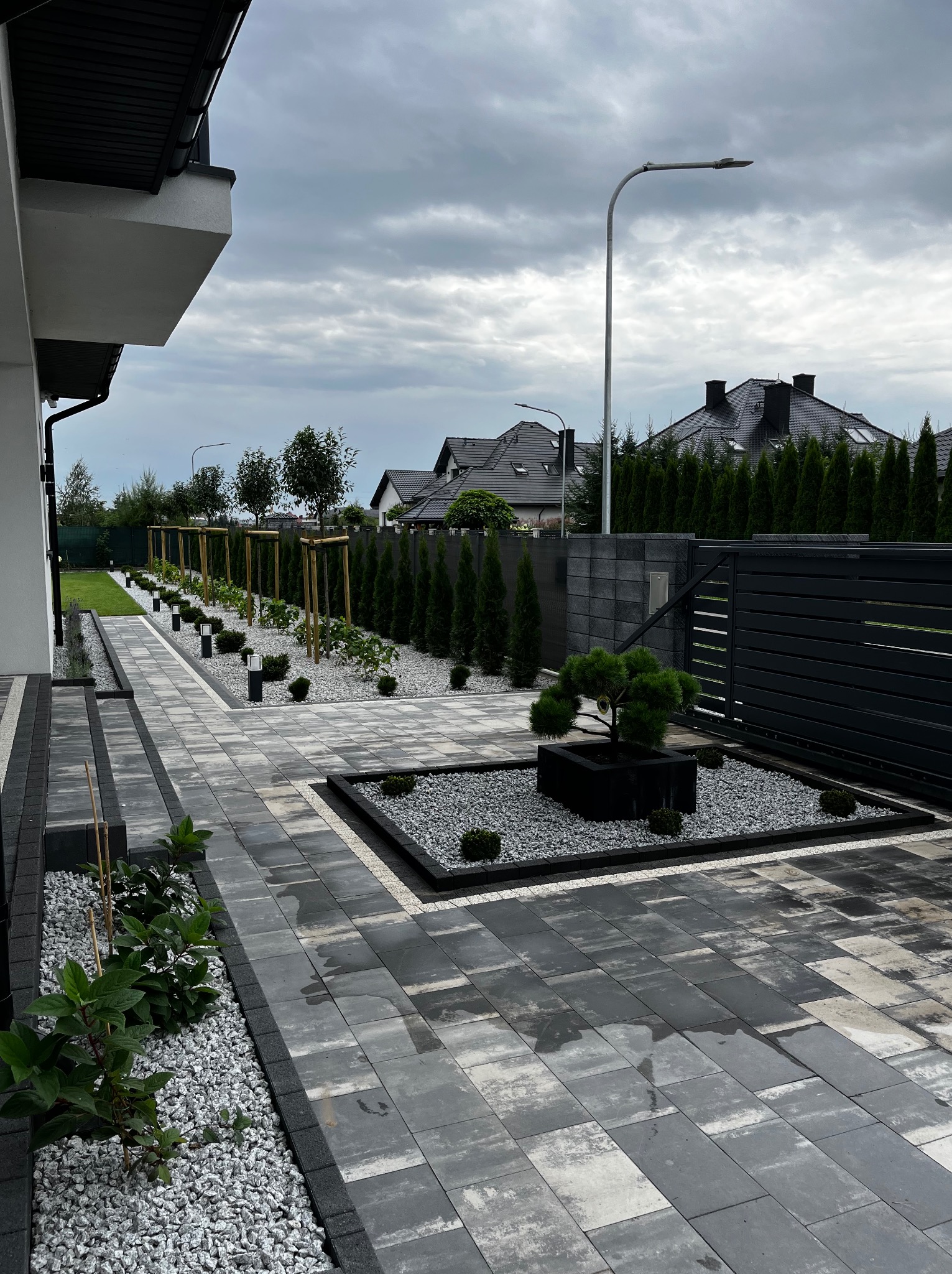 Nowoczesny ogród przydomowy z szarej kostki brukowej, rabatami z białym grysem, formowanymi krzewami i młodymi drzewami podpartymi drewnianymi stelażami.