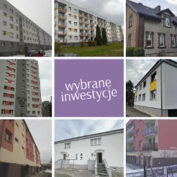 Kolaż zdjęć przedstawiający różne budynki mieszkalne po termomodernizacji, w tym bloki z kolorowymi balkonami, domy jednorodzinne i budynki z napisem 'Wspólnota Mieszkaniowa Radosna 6',...