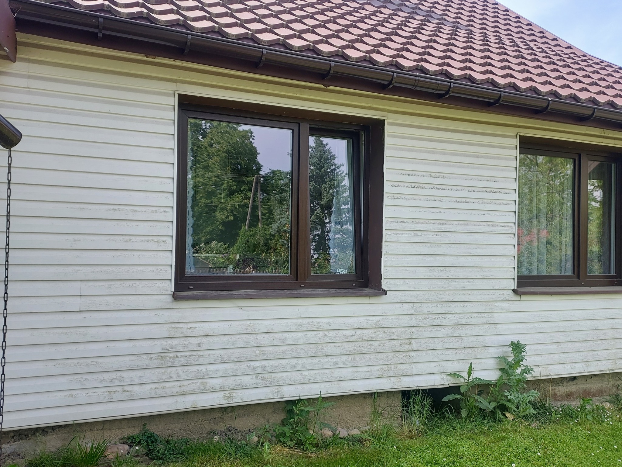 Fragment elewacji budynku z sidingu z dwoma brązowymi oknami, widoczne zabrudzenia na sidingu, brązowa rynna i fragment dachu z czerwoną dachówką, w oknach odbija się zieleń drzew.