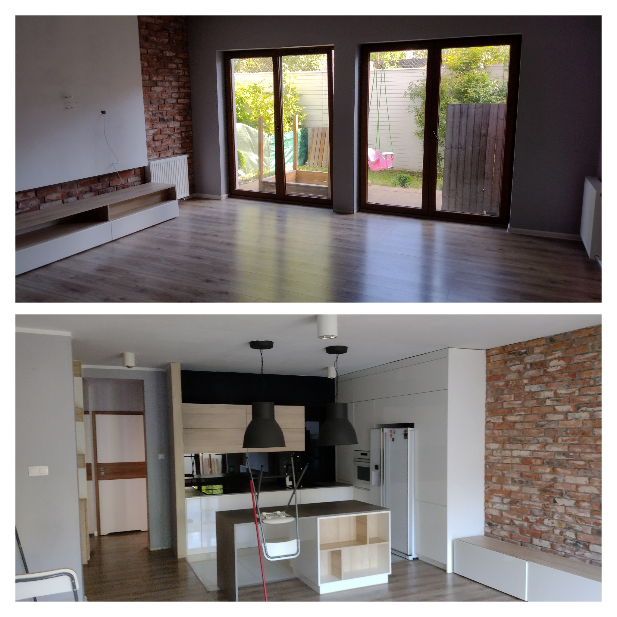 Dwu-częściowe zdjęcie przedstawia salon przed i po. Na górze: puste pomieszczenie z drewnianą podłogą, ceglaną ścianą i dużymi oknami na ogród z huśtawką. Na dole: kuchnia z wyspą, białymi szafkami...