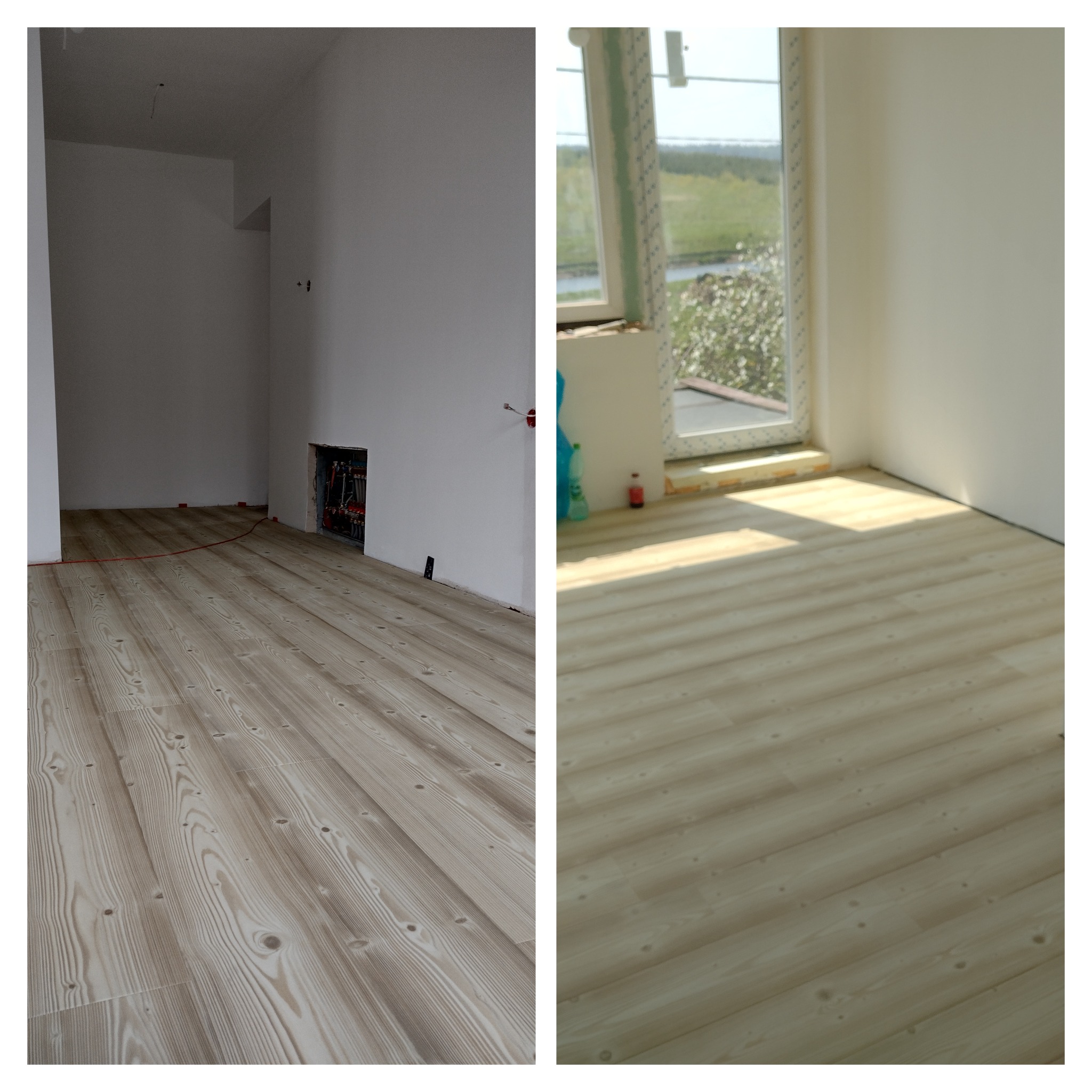 Dwie perspektywy jasnej, drewnopodobnej podłogi w stanie surowym: po lewej instalacja grzewcza w ścianie, po prawej okno z widokiem na zieleń.