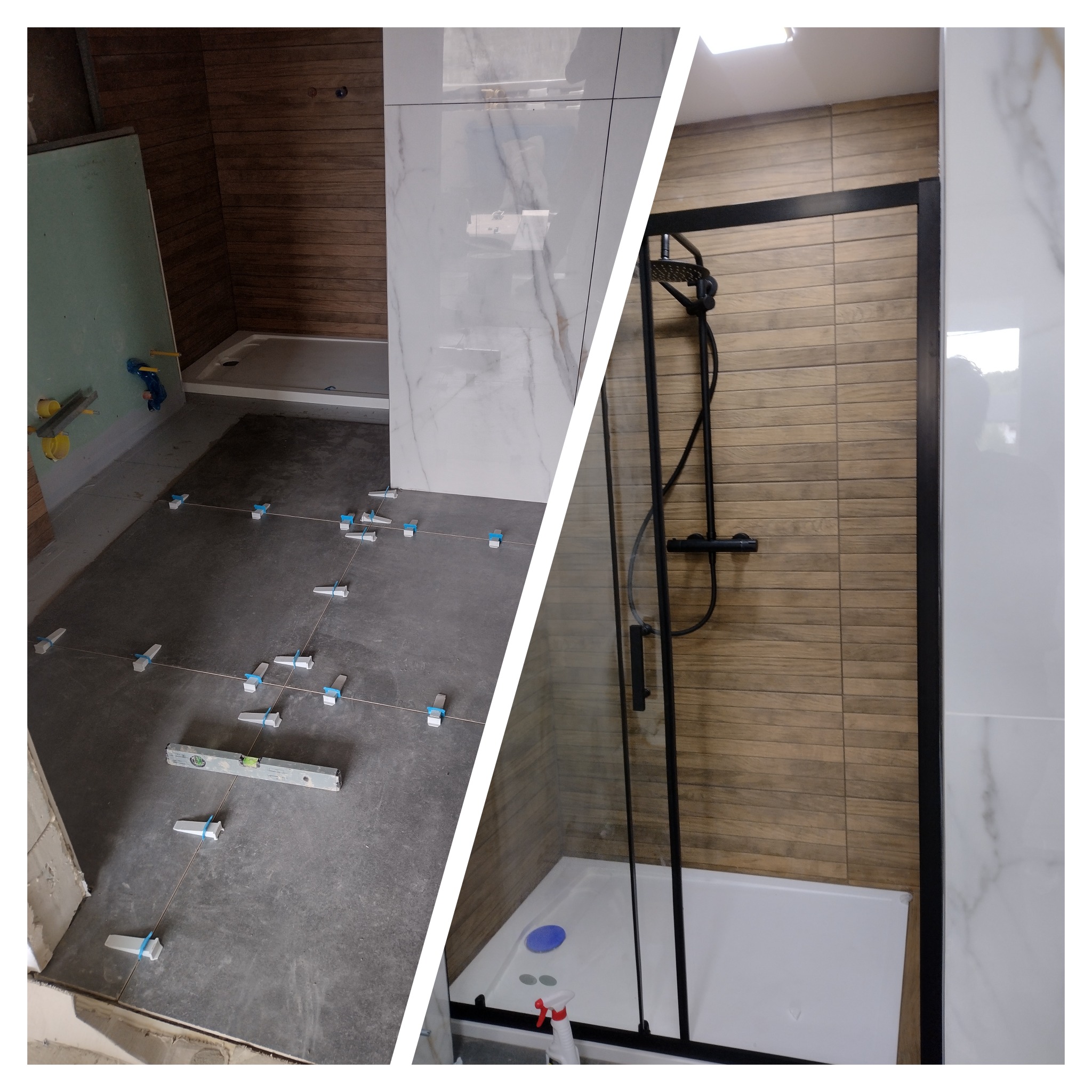 Podział na dwa etapy: układanie szarych płytek podłogowych z użyciem poziomicy i klipsów oraz gotowa kabina prysznicowa z czarną armaturą na tle drewnopodobnych płytek ściennych.