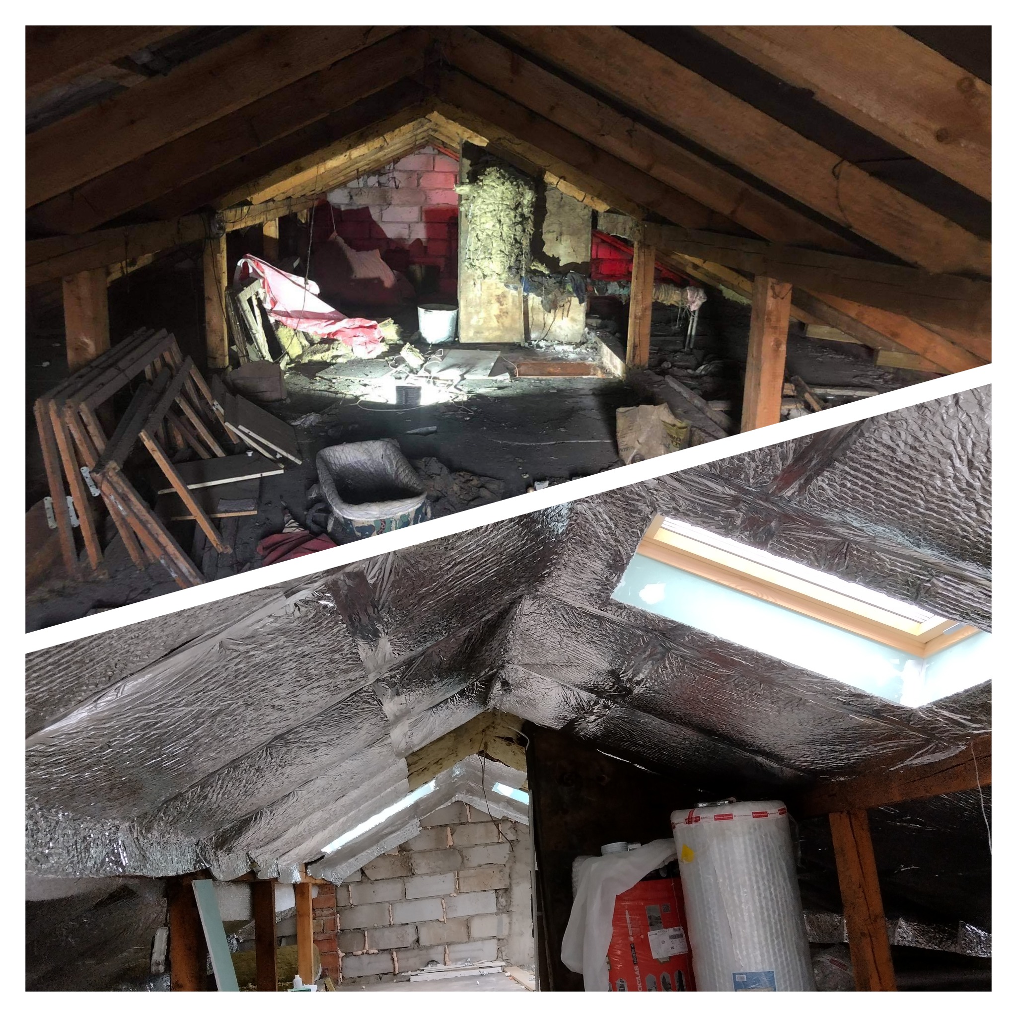 Adaptacja poddasza: widok przed i po izolacji termicznej, z widocznymi elementami konstrukcyjnymi i oknem dachowym.