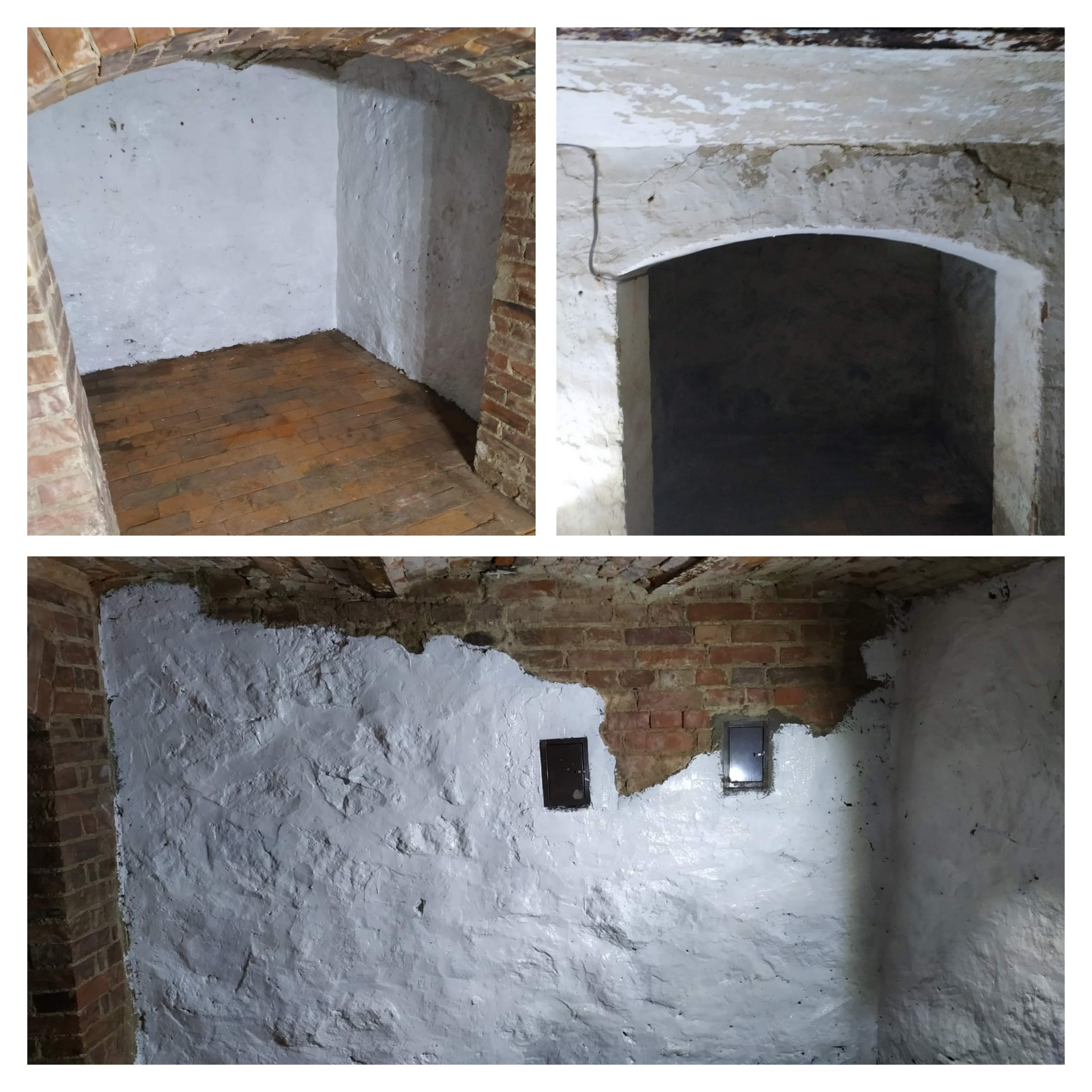 Fragment pomieszczenia z surową cegłą i nierównomiernie nałożonym tynkiem w odcieniach bieli, widoczne dwa małe, ciemne włazy rewizyjne.