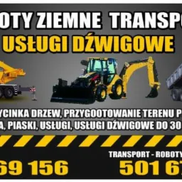 Grafika reklamowa: dźwig, koparko-ładowarka i wywrotka na czarnym tle z żółtymi akcentami. Oferta usług dźwigowych, robót ziemnych i transportu.