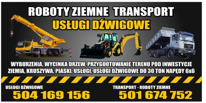 Grafika reklamowa: dźwig, koparko-ładowarka i wywrotka na czarnym tle z żółtymi akcentami. Oferta usług dźwigowych, robót ziemnych i transportu.