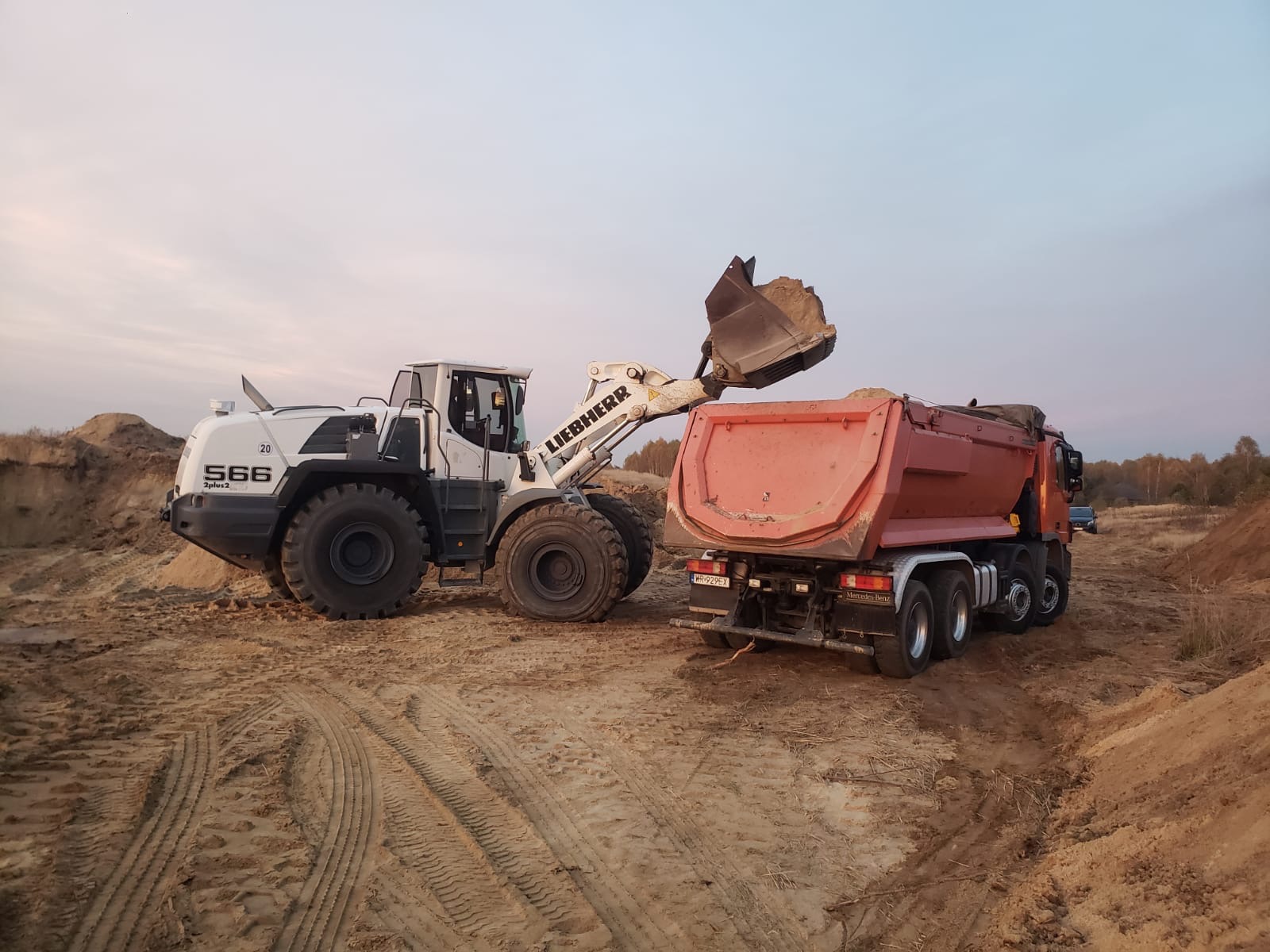 Biała ładowarka Liebherr S66 z pełną łyżką materiału, wysypująca zawartość do czerwonej ciężarówki Mercedes-Benz na placu budowy.