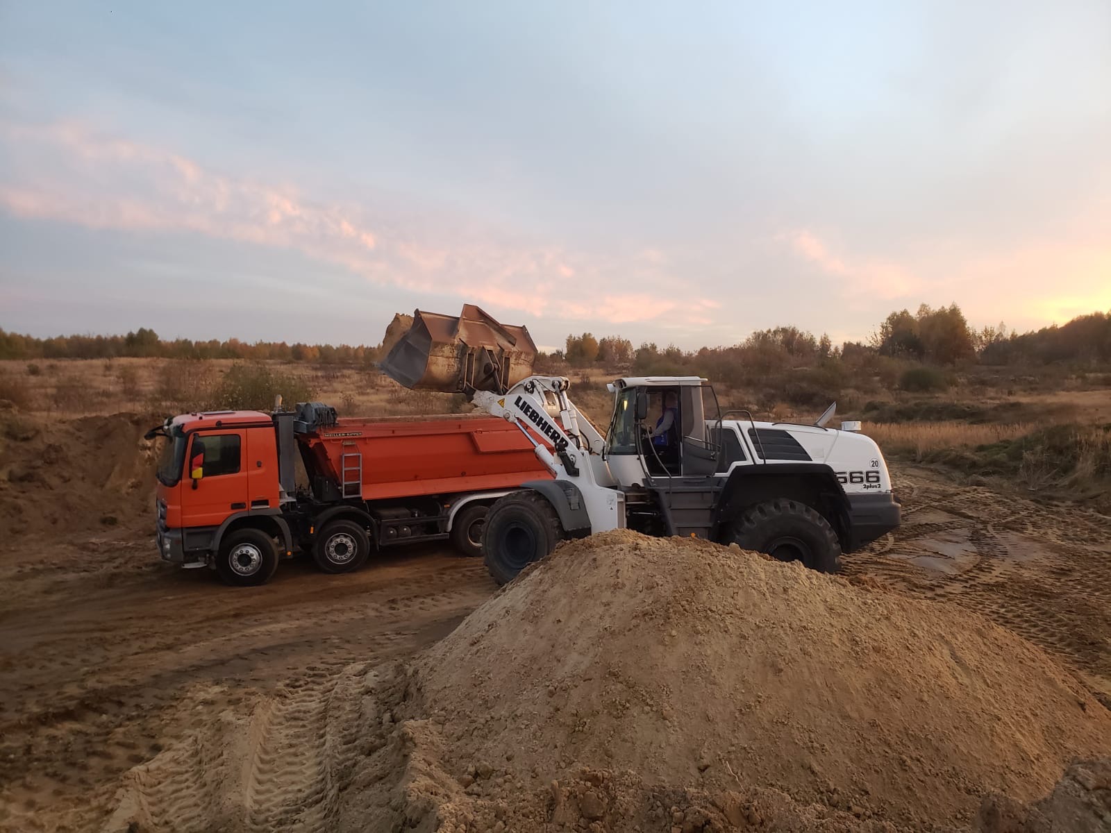 Pomarańczowa ciężarówka wywrotka i biała ładowarka Liebherr podczas załadunku na placu budowy, w tle zachodzące słońce.