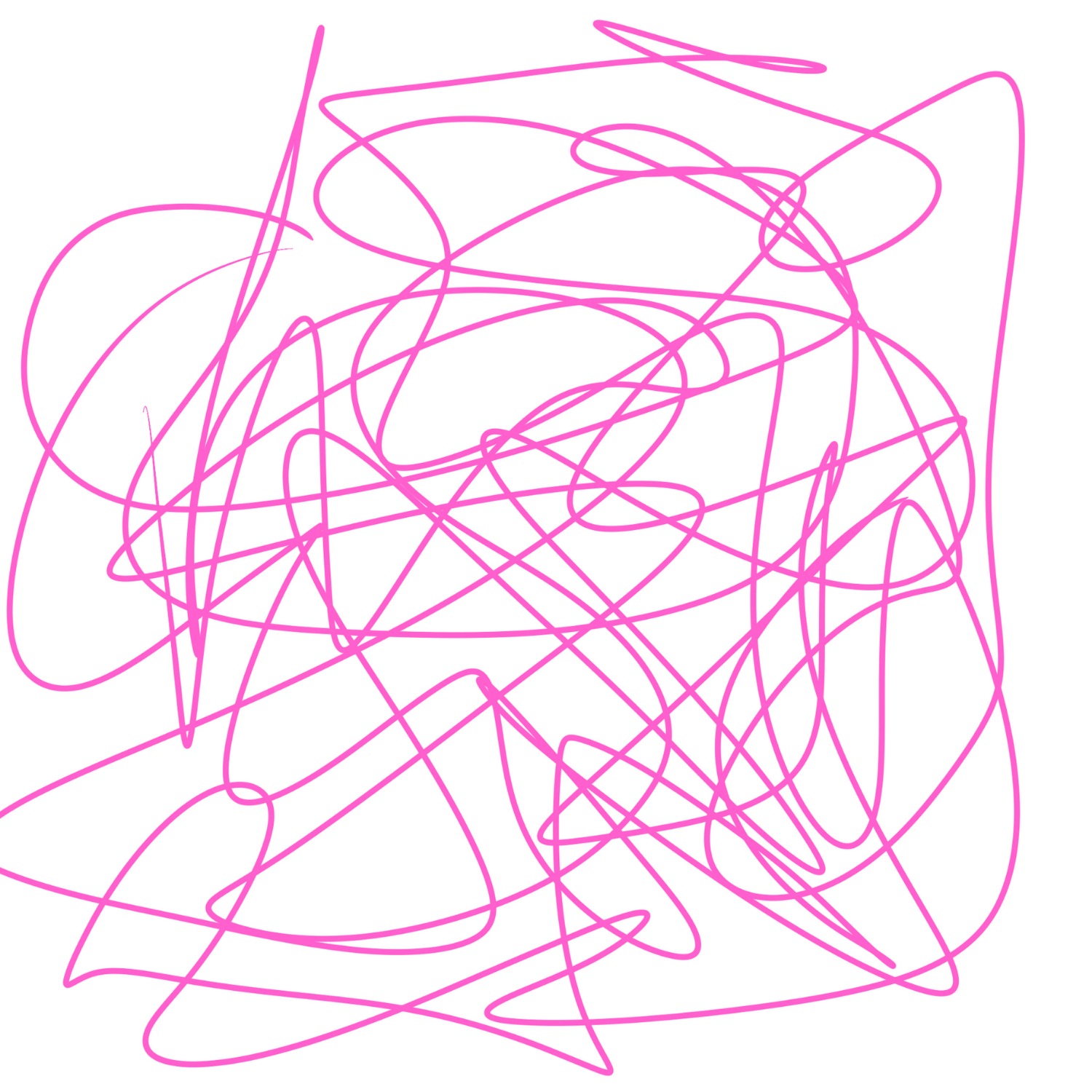 Abstrakcyjna kompozycja z różowych, splątanych linii na białym tle, przypominająca szkic lub notatki.