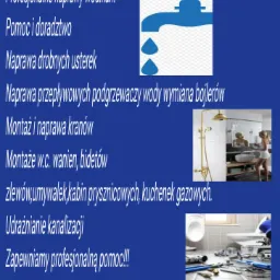 Grafika reklamowa firmy instalacyjnej C.W.I-INSTAL z tekstem o naprawach wodno-kanalizacyjnych, montażu kranów, udrażnianiu kanalizacji i numerem telefonu, uzupełniona ikoną kranu i wizualizacją...