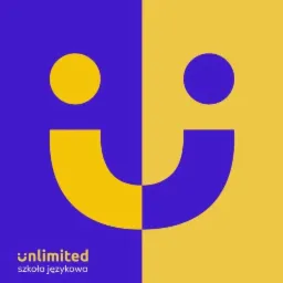 Logo szkoły językowej Unlimited, przedstawiające stylizowaną uśmiechniętą buźkę w kolorach żółtym i fioletowym, podzielone pionowo na dwie części, z napisem 'unlimited szkoła językowa' w lewym...