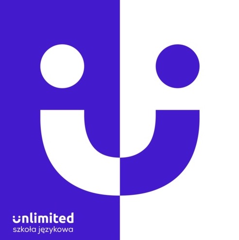 Logo szkoły językowej Unlimited, przedstawiające uśmiechniętą buzię w kolorach fioletowym i białym, z napisem 'unlimited szkoła językowa' w lewym dolnym rogu.