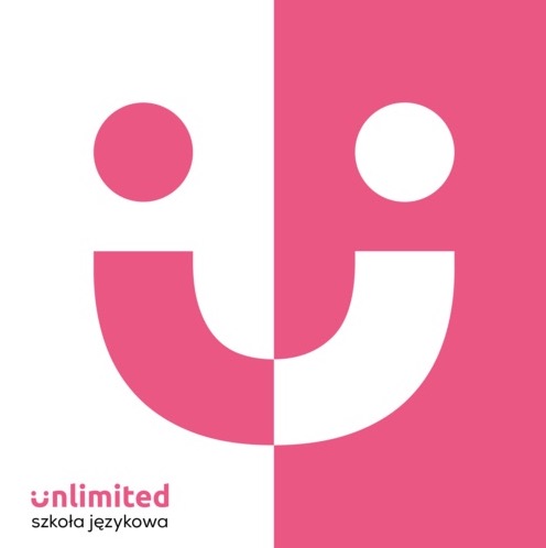 Logo szkoły językowej Unlimited na tle podzielonym na białe i różowe kwadraty, z graficznym uśmiechem i napisem 'unlimited szkoła językowa'.